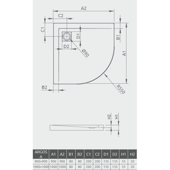 Radaway Argos A 90x90 íves akril zuhanytálca (4AA99-01)