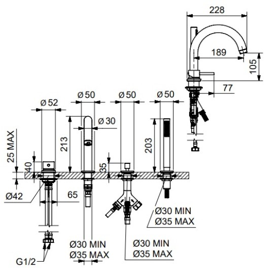 Bugnatese K Line 4 lyukas kádtöltő-és zuhany csaptelep (5755)