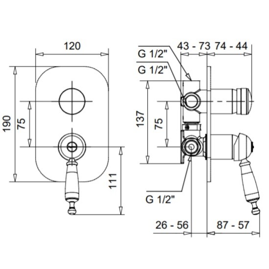 Bugnatese Oxford matt fekete falba építhető kádcsaptelep 3 állású (6331NE)