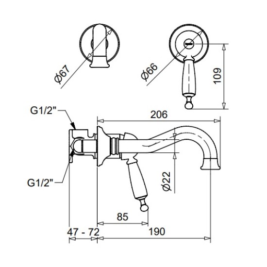 Bugnatese Oxford matt fekete fali mosdó csaptelep (6345NE)