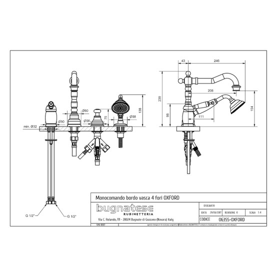 Bugnatese Oxford matt fekete 4 lyukas kádtöltő-és zuhany csaptelep (6355NE)