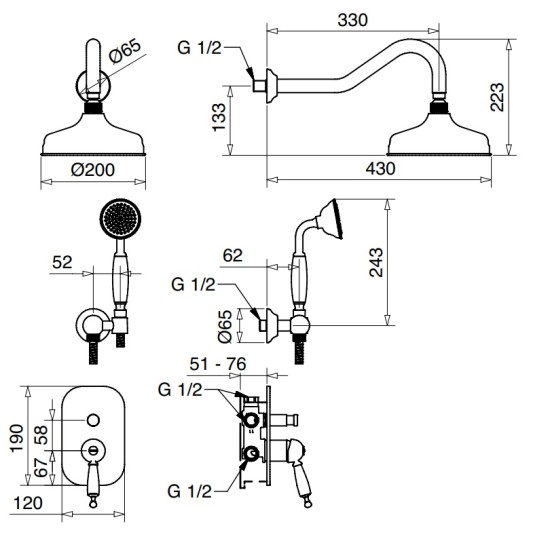 Bugnatese Oxford matt fekete falba építhető zuhanyrendszer (6374NE)