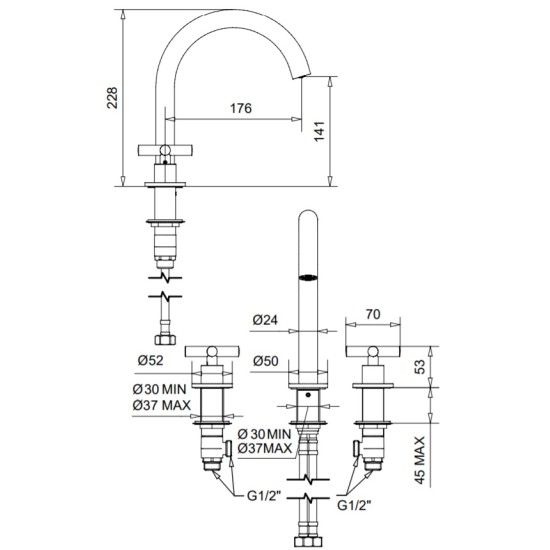 Bugnatese Rodos matt fekete 3 lyukas mosdó csaptelep (7312SNE)