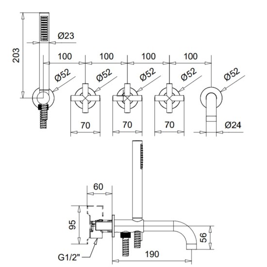 Bugnatese Rodos matt fekete falba építhető kádtöltő-és zuhany csaptelep szett (7319NE)