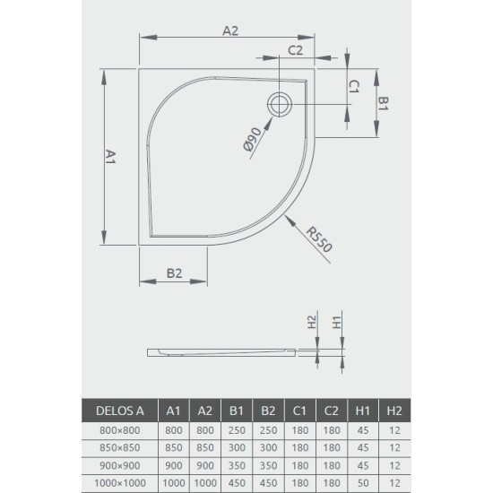 Radaway Delos A 90x90 íves akril zuhanytálca (SDA0909-01)