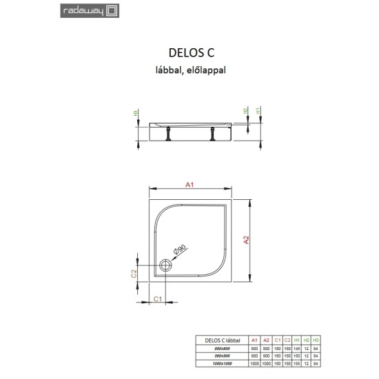 Radaway Delos C 90x90 szögletes akril zuhanytálca, levehető előlappal (4C99170-03)