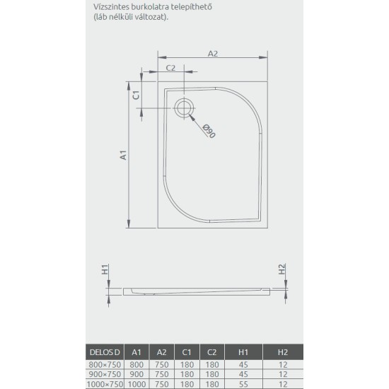 Radaway Delos D 100x75 szögletes akril zuhanytálca (4D17555-03)