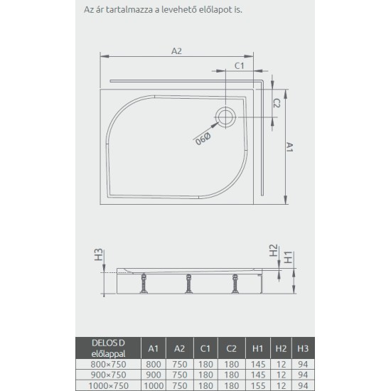 Radaway Delos D 90x75 szögletes akril zuhanytálca, balos levehető előlappal (4D97514-03L)