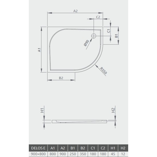 Radaway Delos E 90x80 balos íves, aszimmetrikus akril zuhanytálca (SDE9080-01L)