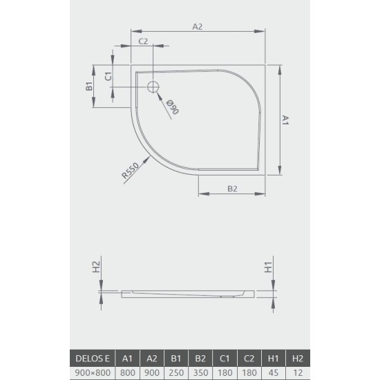 Radaway Delos E 90x80 jobbos íves, aszimmetrikus akril zuhanytálca (SDE8090-01R)