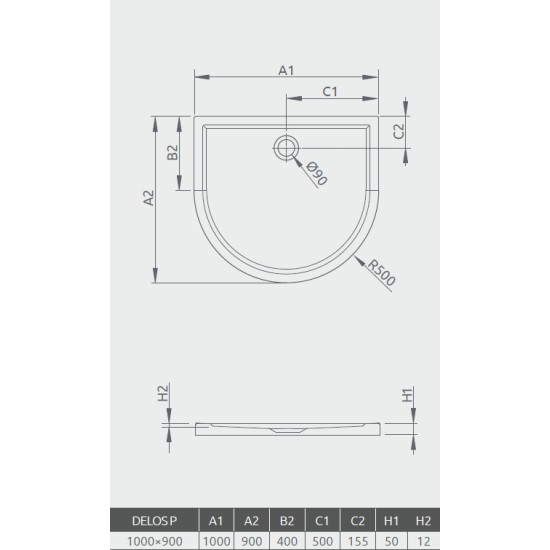Radaway Delos P 100x90 félköríves akril zuhanytálca (4Z19035-03N)