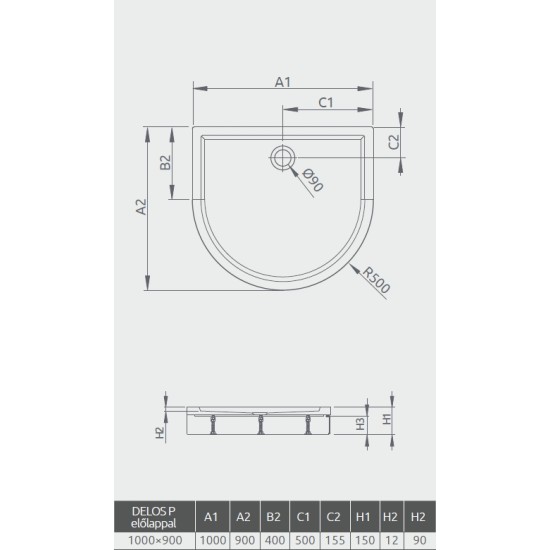 Radaway Delos P 100x90 félköríves akril zuhanytálca, levehető előlappal (4Z19150-03N)