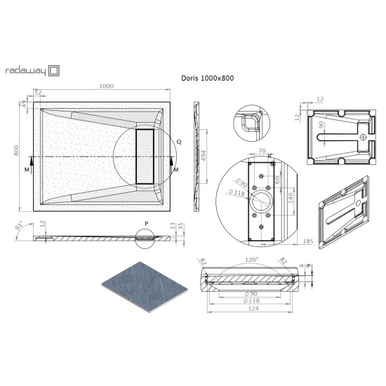 Radaway Doris F 100x80 kőhatású szögletes öntöttmárvány zuhanytálca (DF1080-54)