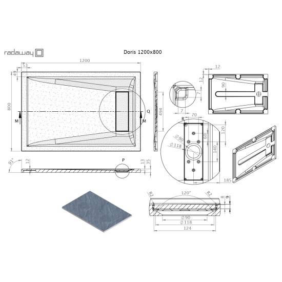 Radaway Doris F 120x80 kőhatású szögletes öntöttmárvány zuhanytálca (DF1280-54)