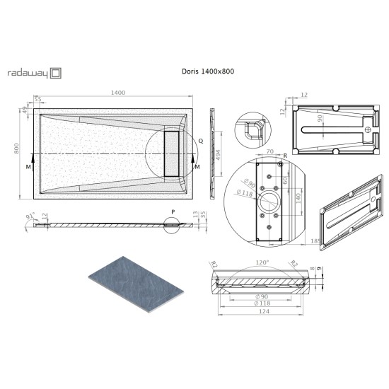 Radaway Doris F 140x80 kőhatású szögletes öntöttmárvány zuhanytálca (DF1480-54)