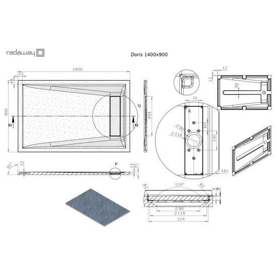 Radaway Doris F 140x90 kőhatású szögletes öntöttmárvány zuhanytálca (DF1490-54)