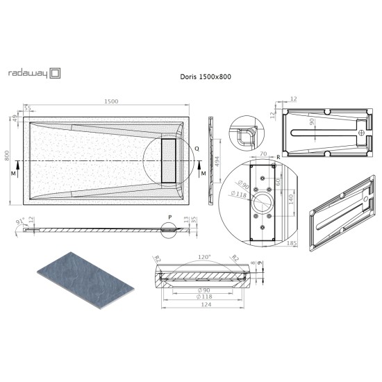 Radaway Doris F 150x80 kőhatású szögletes öntöttmárvány zuhanytálca (DF1580-54)