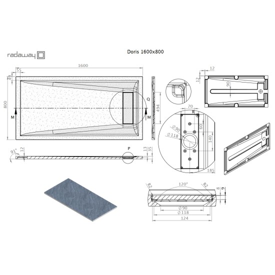Radaway Doris F 160x80 kőhatású szögletes öntöttmárvány zuhanytálca (DF1680-54)