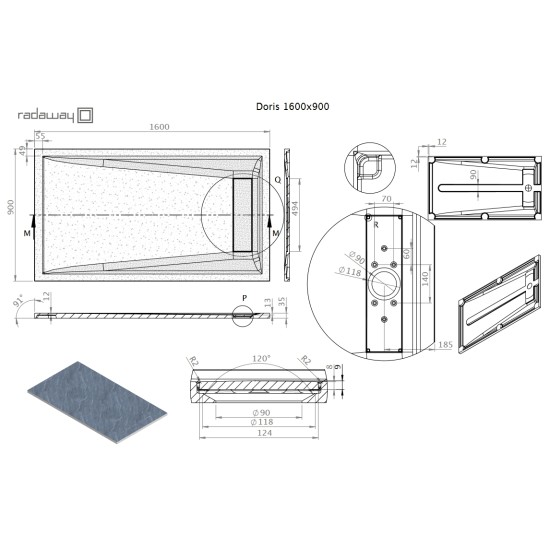 Radaway Doris F 160x90 kőhatású szögletes öntöttmárvány zuhanytálca (DF1690-54)