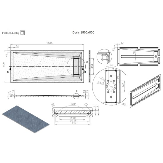 Radaway Doris F 180x80 kőhatású szögletes öntöttmárvány zuhanytálca (DF1880-54)