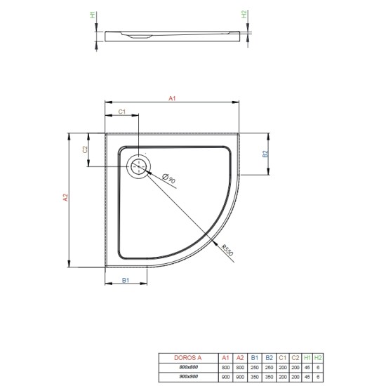 Radaway Doros A 90x90 íves akril zuhanytálca (SDRA9090-01)