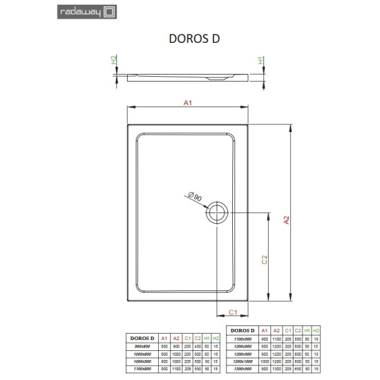 Radaway Doros D 120x90 szögletes akril zuhanytálca (SDRD1290-01)