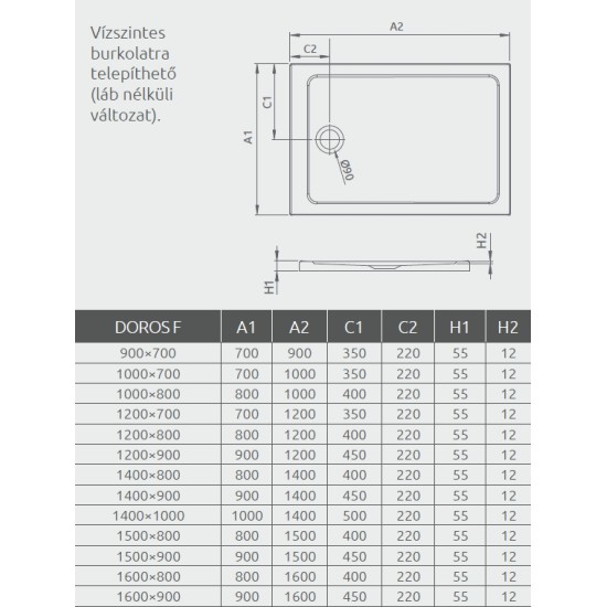 Radaway Doros F 90x70 szögletes akril zuhanytálca (SDRF9070-01)