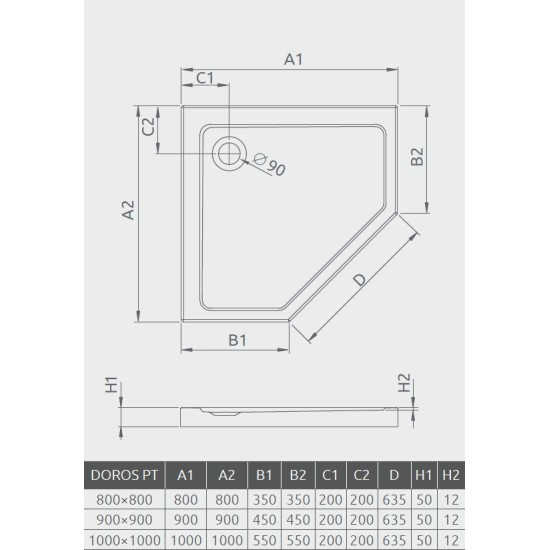 Radaway Doros PT 80x80 ötszögletű akril zuhanytálca (SDRPT8080-01)