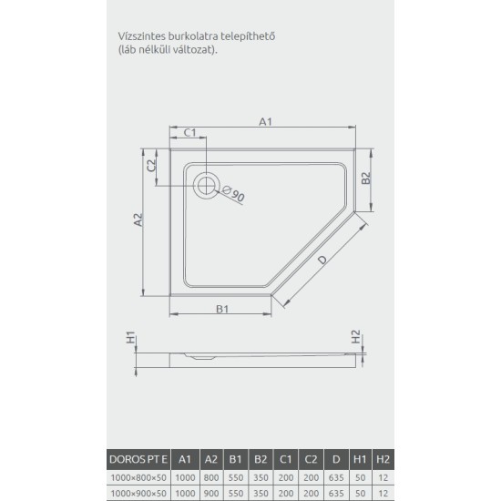Radaway Doros PT E 100x90 jobbos ötszögletű aszimmetrikus akril zuhanytálca (SDRPT1090-01R)