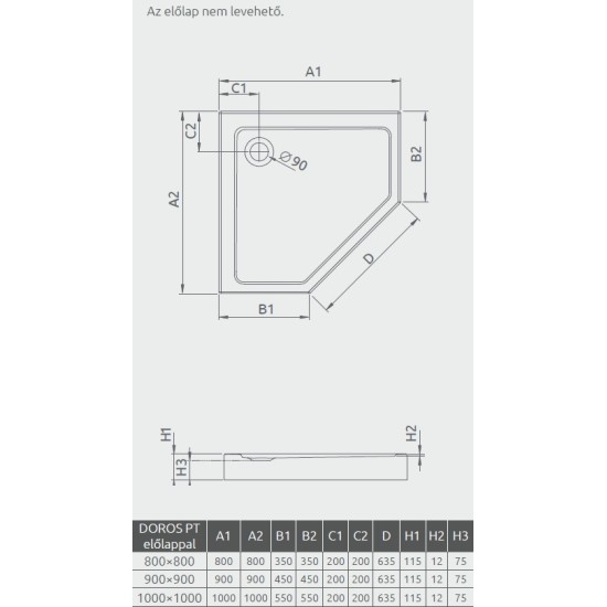 Radaway Doros PT 90x90 ötszögletű akril zuhanytálca, előlappal (SDRPT9090-05)