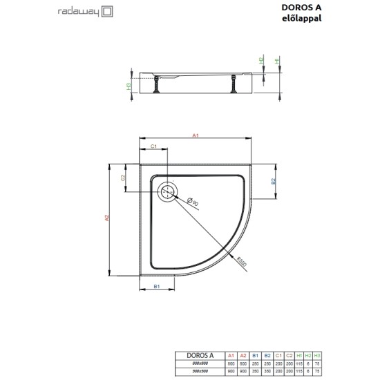 Radaway Doros Stone A 90x90 kőhatású íves akril zuhanytálca, előlappal (SDRA9090-05-54S)