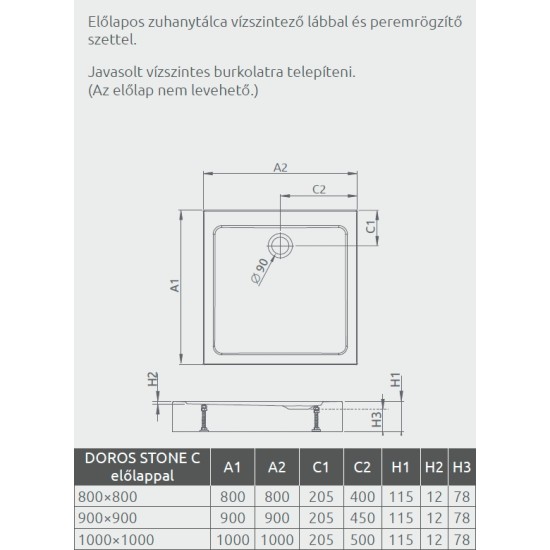 Radaway Doros Stone C 100x100 kőhatású szögletes akril zuhanytálca, előlappal (SDRC1010-05-54S)