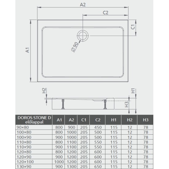 Radaway Doros Stone D 120x100 kőhatású szögletes akril zuhanytálca, előlappal (SDRD1210-05-04S)
