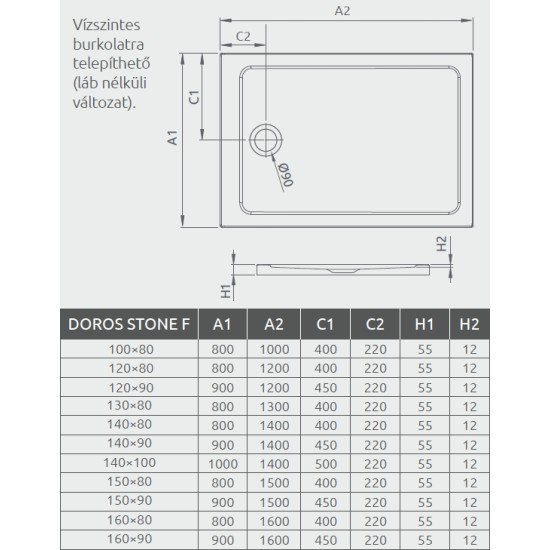 Radaway Doros Stone F 160x90 kőhatású szögletes akril zuhanytálca (SDRF1690-01-54S)