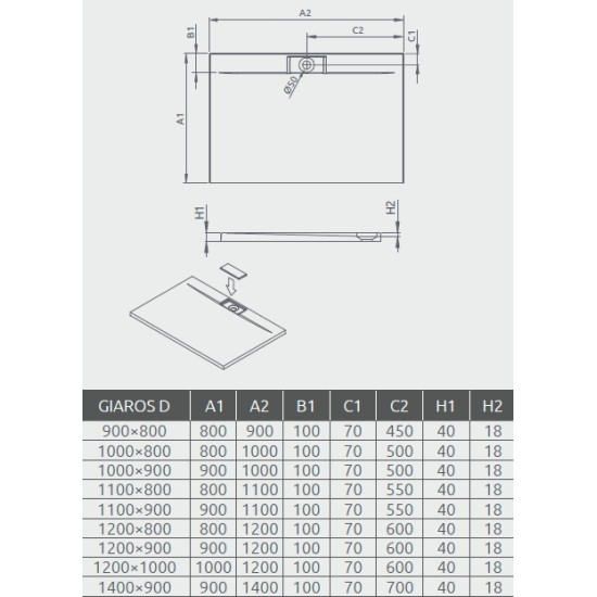Radaway Giaros D 120x90 szögletes öntöttmárvány zuhanytálca (MKGD1290-03)