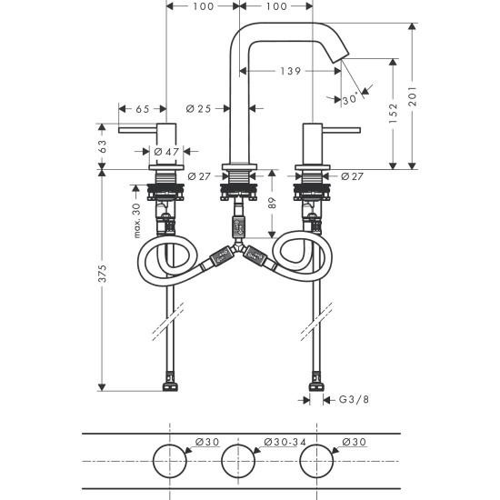 Hansgrohe Tecturis S 150 3-lyukú mosdó csaptelep (73330000-HG)