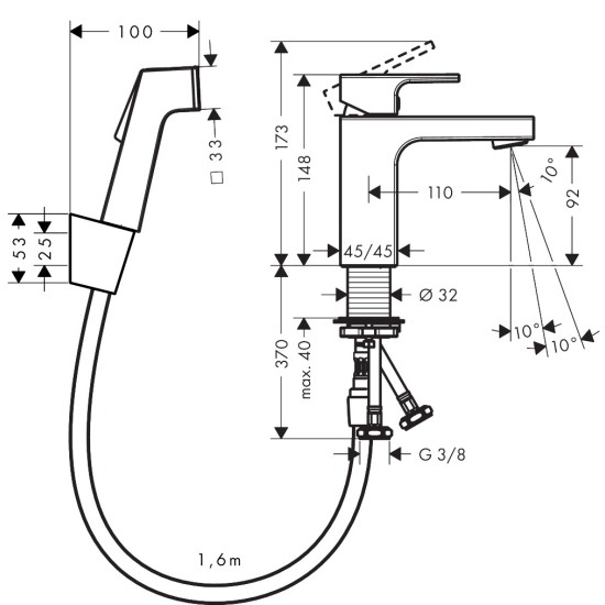 Hansgrohe Vernis Shape 100 mosdó csaptelep, bidé zuhannyal (71216000-HG)