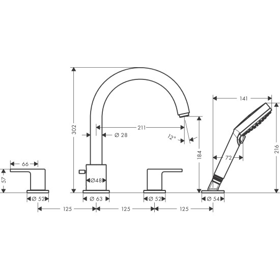 Hansgrohe Vernis Shape 4 lyukas kádtöltő-és zuhany csaptelep (71459000-HG)