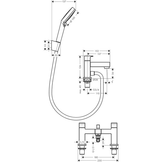 Hansgrohe Vernis Shape 2 lyukas kádperemre szerelhető kádtöltő-és zuhany csaptelep (71462000-HG)