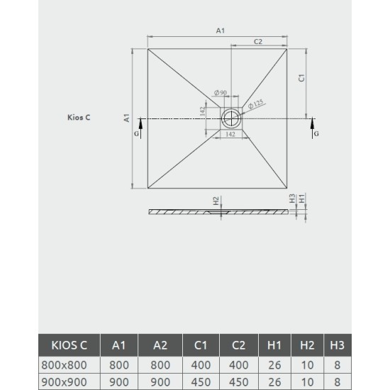 Radaway Kios C 90x90 kőhatású szögletes öntöttmárvány zuhanytálca (KC9090-54)