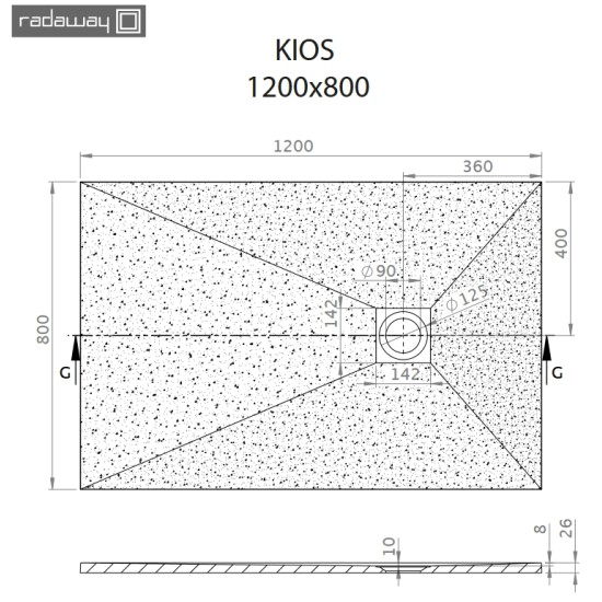 Radaway Kios F 120x80 kőhatású szögletes öntöttmárvány zuhanytálca (KF1280-54)