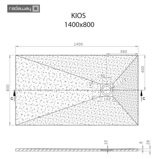Radaway Kios F 140x80 kőhatású szögletes öntöttmárvány zuhanytálca (KF1480-54)