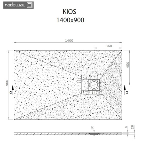 Radaway Kios F 140x90 kőhatású szögletes öntöttmárvány zuhanytálca (KF1490-54)