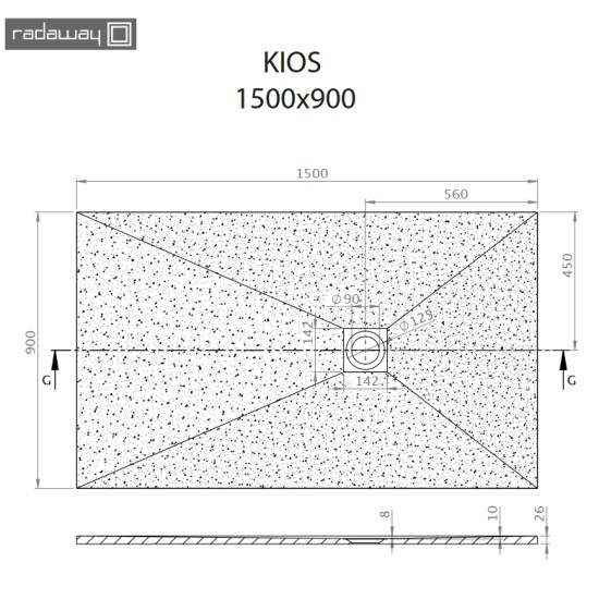 Radaway Kios F 150x90 kőhatású szögletes öntöttmárvány zuhanytálca (KF1590-52)