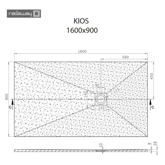 Radaway Kios F 160x90 kőhatású szögletes öntöttmárvány zuhanytálca (KF1690-54)