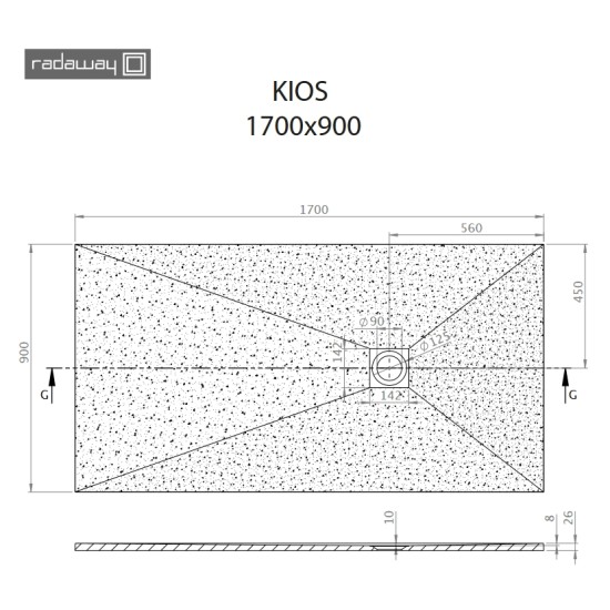 Radaway Kios F 170x90 kőhatású szögletes öntöttmárvány zuhanytálca (KF1790-55)