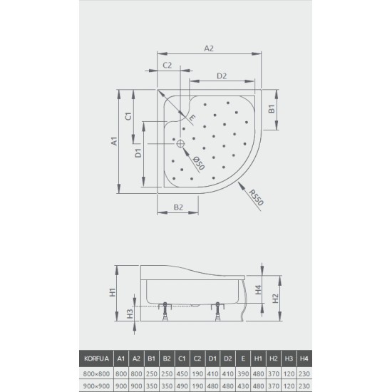 Radaway Korfu A 80x80 íves akril zuhanytálca, levehető előlappal (4S88400-03)