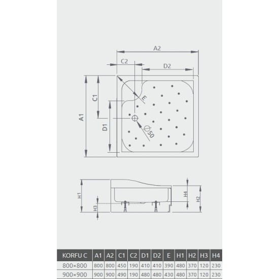 Radaway Korfu C 90x90 szögletes akril zuhanytálca, levehető előlappal (4C99400-03)