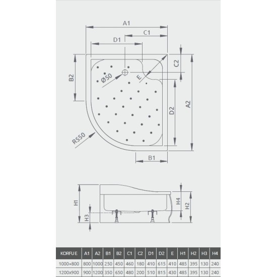 Radaway Korfu E 120x90 balos, íves akril zuhanytálca, levehető előlappal (4E91240-03L)