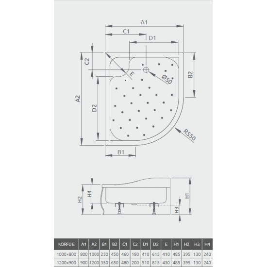 Radaway Korfu E 100x80 jobbos, íves akril zuhanytálca, levehető előlappal (4E81400-03R)